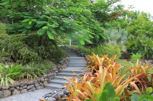 Granite steps leading down to the villa entrance