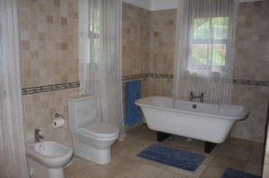 Stand alone bath tub in fully marble tiled master bathroom